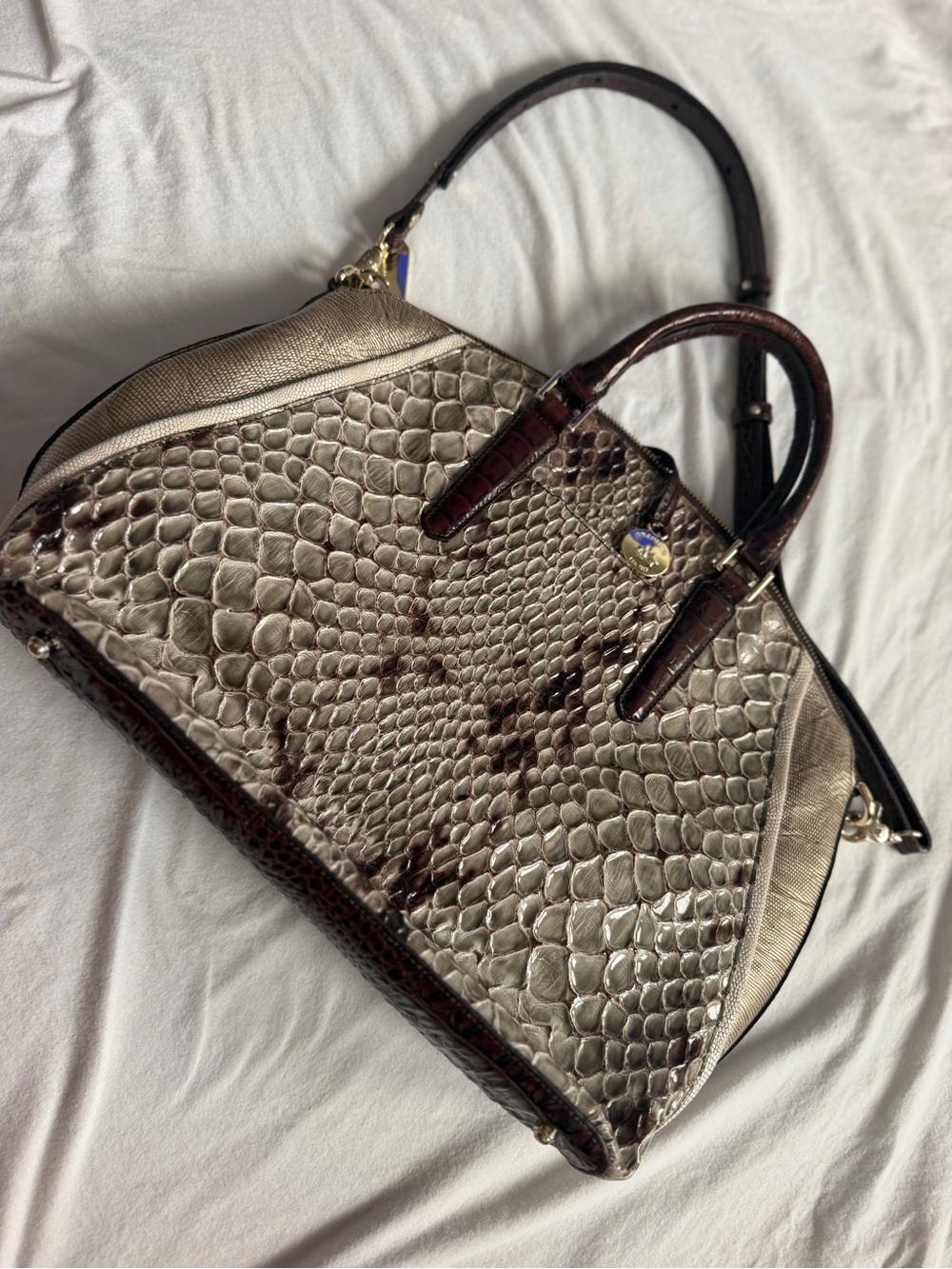 Gorgeous Brahmin Taupe Python-Print Satchel with Dark Brown Trim 👜 🤎🖤🤌🏼